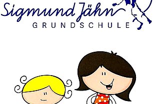Logo der Grundschule Sigmund Jähn der Stadt Dommitzsch zeigt zwei Kinder als Zeichnung mit Schriftzug der Schule darüber