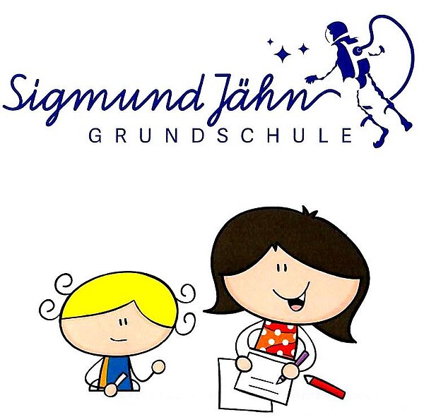Logo der Grundschule Sigmund Jähn der Stadt Dommitzsch zeigt zwei Kinder als Zeichnung mit Schriftzug der Schule darüber